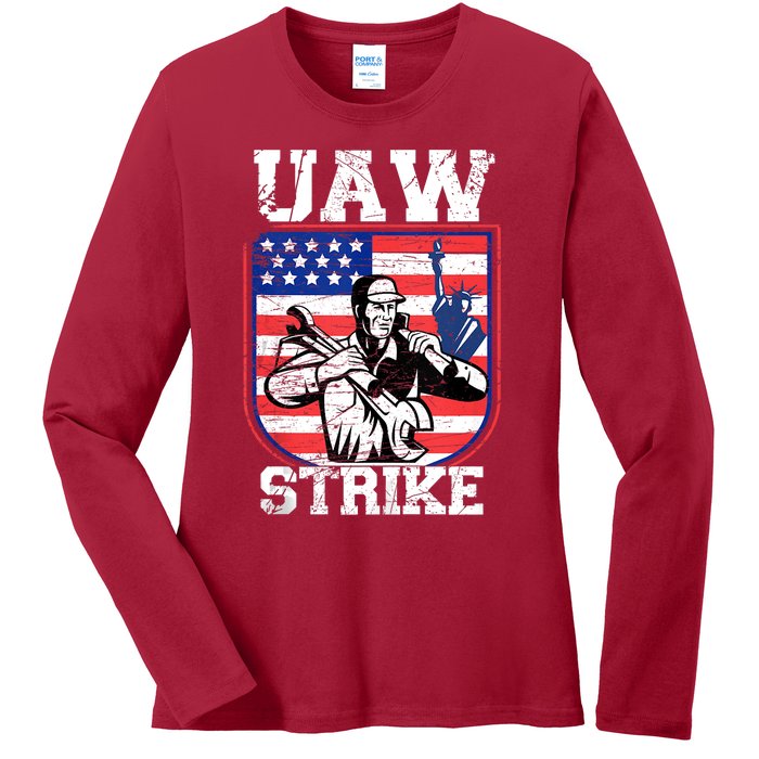 UAW Strike Red United Auto Workers Picket Sign Design Ladies Long Sleeve Shirt