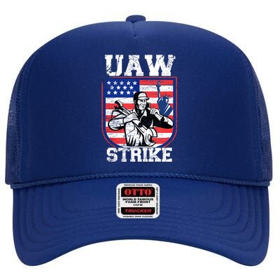 UAW Strike Red United Auto Workers Picket Sign Design High Crown Mesh Back Trucker Hat