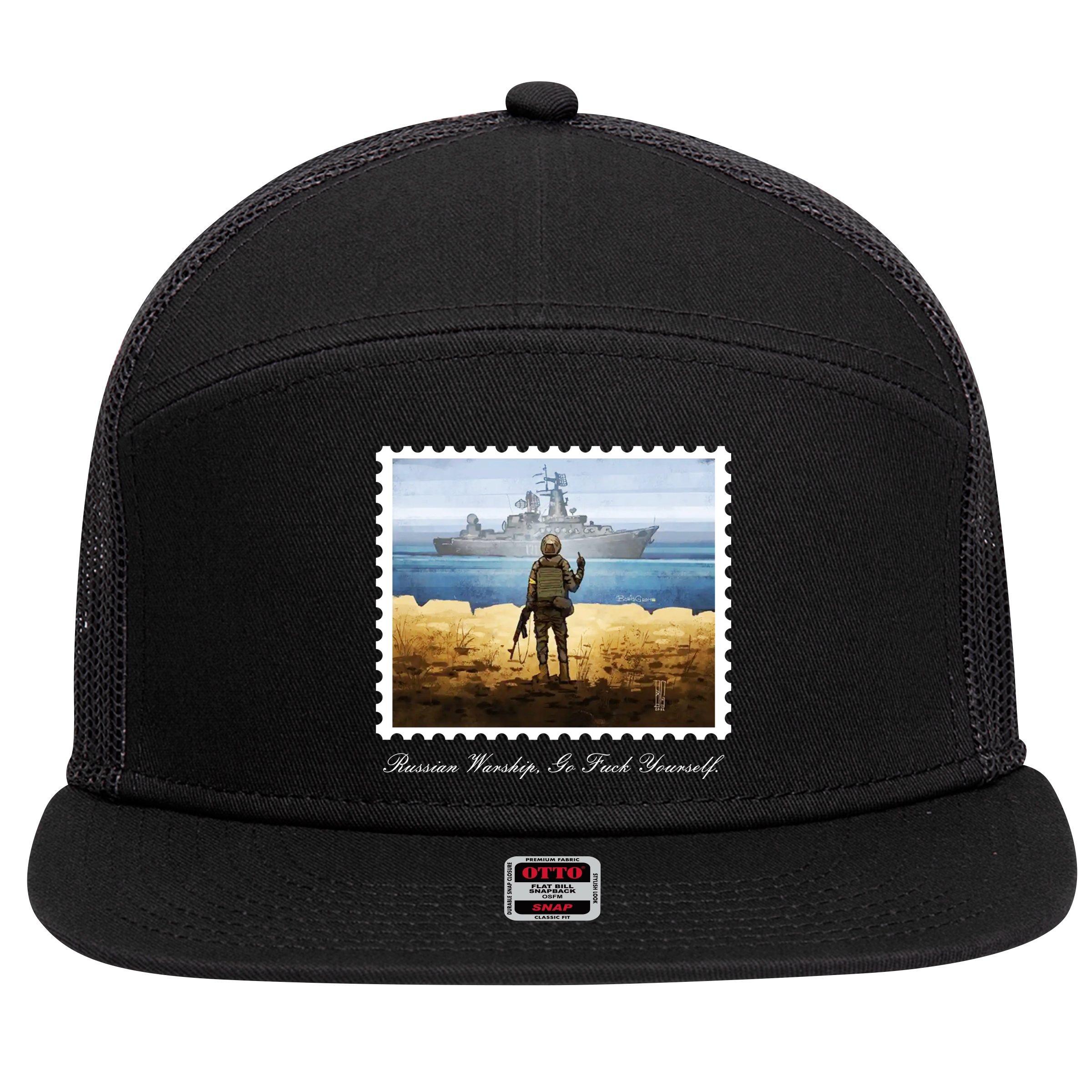 Ukraine Stamp Russian Warship Go F Yourself Island Of Heroes Ukrainian 7 Panel Mesh Trucker Snapback Hat