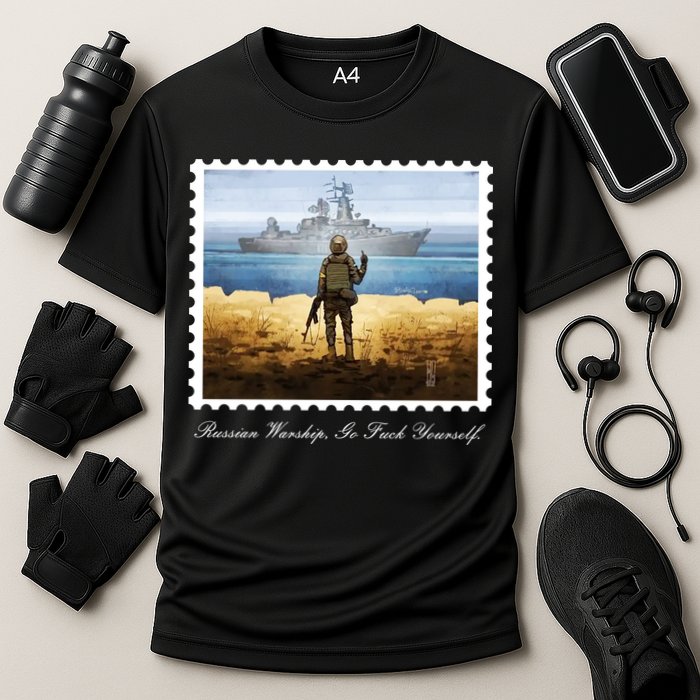 Ukraine Stamp Russian Warship Go F Yourself Island Of Heroes Ukrainian Cooling Performance Crew T-Shirt