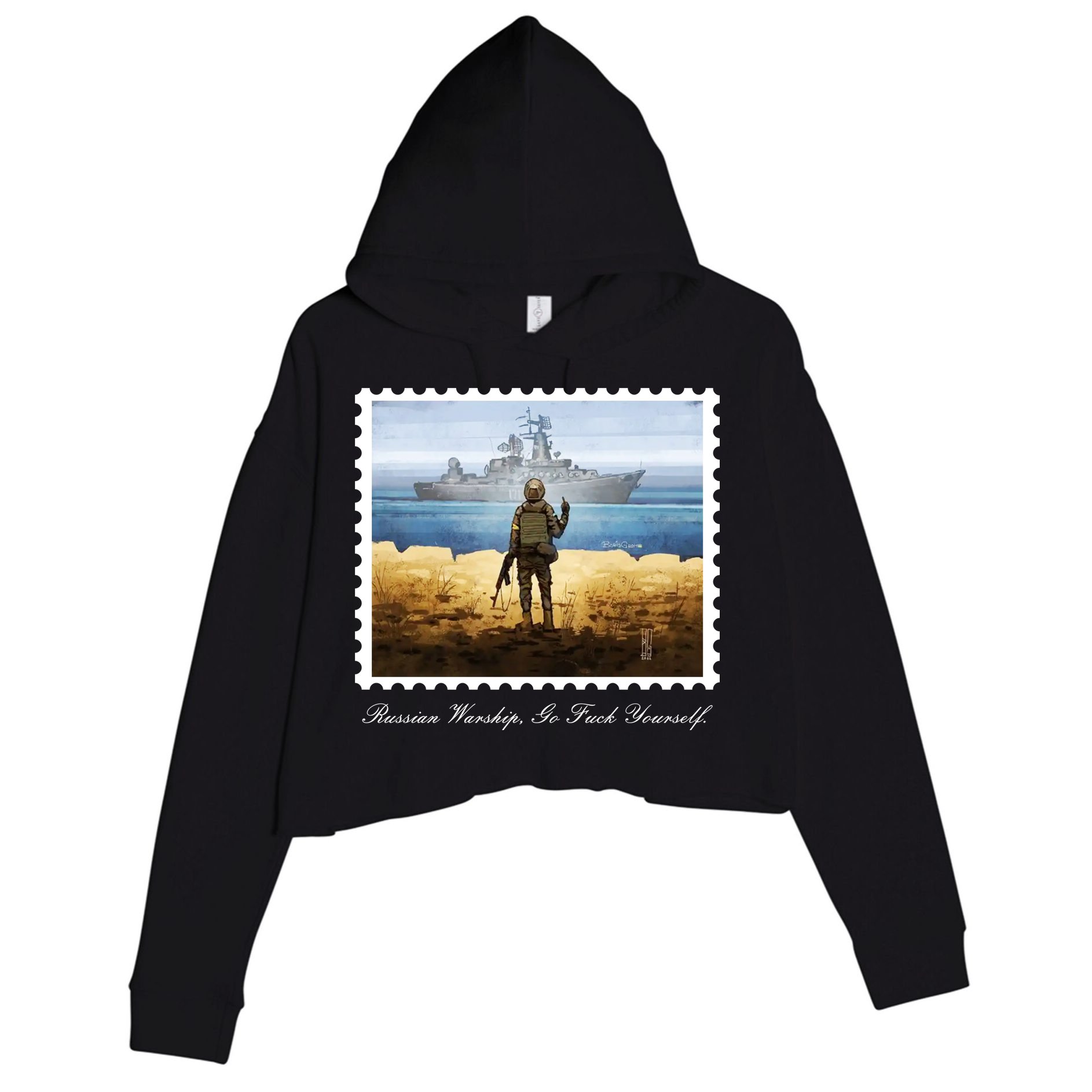Ukraine Stamp Russian Warship Go F Yourself Island Of Heroes Ukrainian Crop Fleece Hoodie
