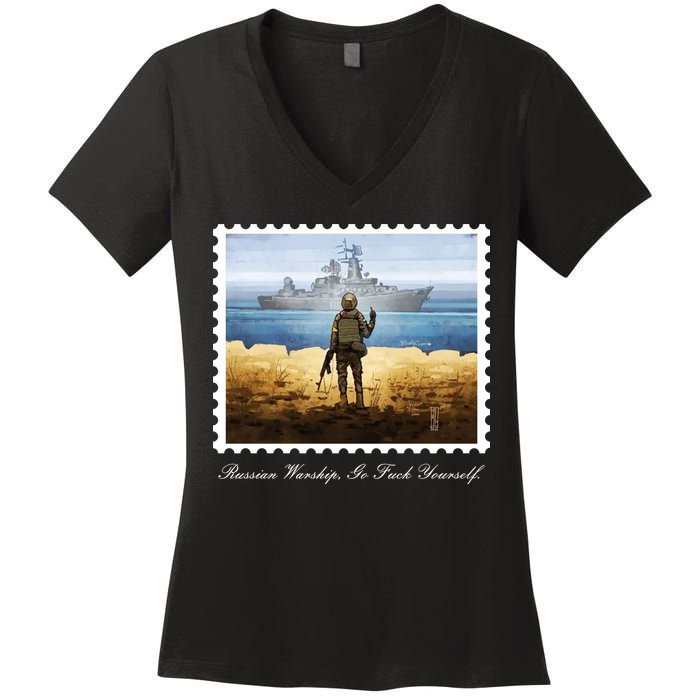 Ukraine Stamp Russian Warship Go F Yourself Island Of Heroes Ukrainian Women's V-Neck T-Shirt