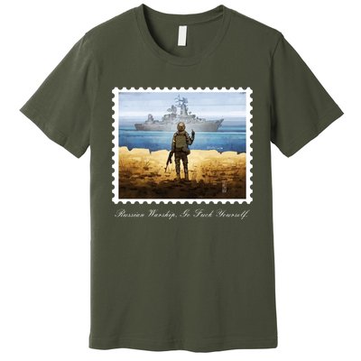 Ukraine Stamp Russian Warship Go F Yourself Island Of Heroes Ukrainian Premium T-Shirt