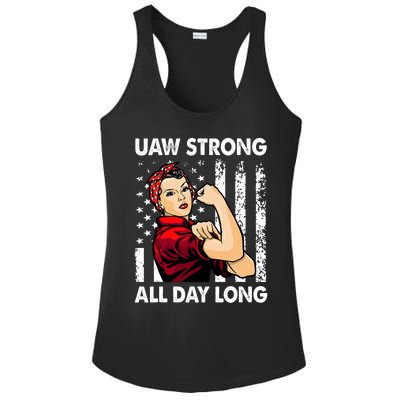 UAW Strike Red United Auto Workers Picket Sign America Flag Ladies PosiCharge Competitor Racerback Tank