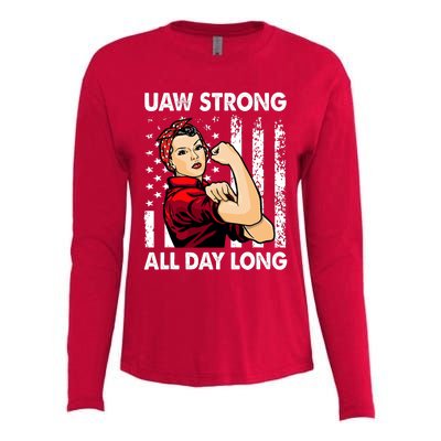 UAW Strike Red United Auto Workers Picket Sign America Flag Womens Cotton Relaxed Long Sleeve T-Shirt