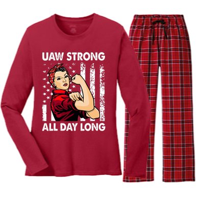 UAW Strike Red United Auto Workers Picket Sign America Flag Women's Long Sleeve Flannel Pajama Set 