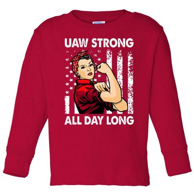 UAW Strike Red United Auto Workers Picket Sign America Flag Toddler Long Sleeve Shirt