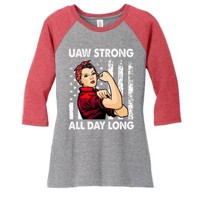 UAW Strike Red United Auto Workers Picket Sign America Flag Women's Tri-Blend 3/4-Sleeve Raglan Shirt