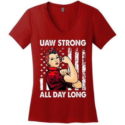 UAW Strike Red United Auto Workers Picket Sign America Flag Women's V-Neck T-Shirt