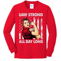 UAW Strike Red United Auto Workers Picket Sign America Flag Kids Long Sleeve Shirt