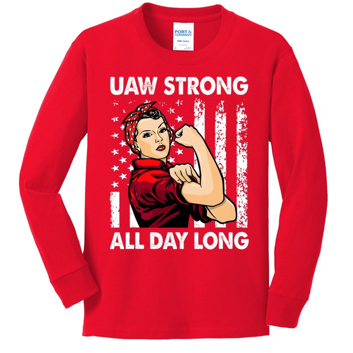 UAW Strike Red United Auto Workers Picket Sign America Flag Kids Long Sleeve Shirt