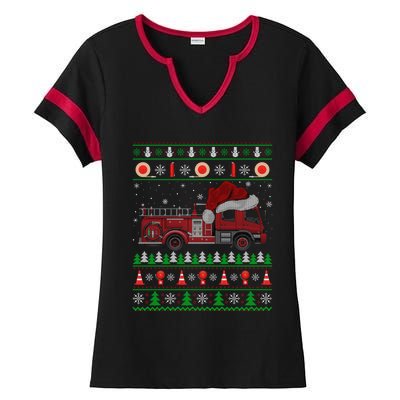 Ugly Sweater Style Fire Truck Fireman Firefighter Christmas Ladies Halftime Notch Neck Tee