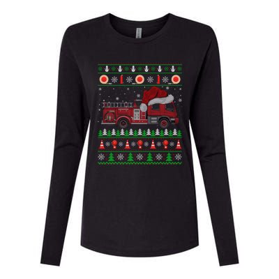 Ugly Sweater Style Fire Truck Fireman Firefighter Christmas Womens Cotton Relaxed Long Sleeve T-Shirt