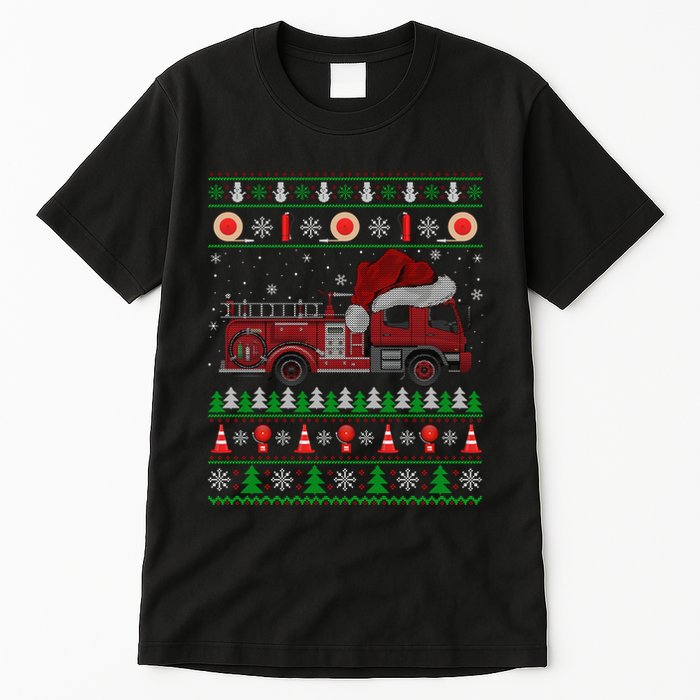 Ugly Sweater Style Fire Truck Fireman Firefighter Christmas Tall T-Shirt