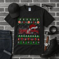 Ugly Sweater Style Fire Truck Fireman Firefighter Christmas Tall T-Shirt
