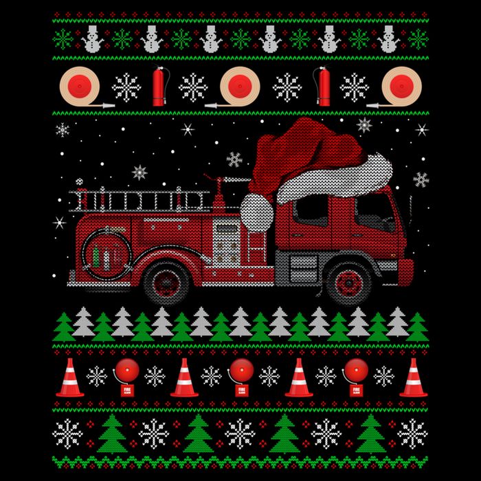 Ugly Sweater Style Fire Truck Fireman Firefighter Christmas Tall T-Shirt