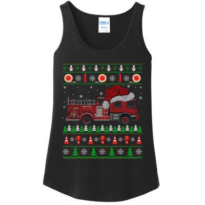 Ugly Sweater Style Fire Truck Fireman Firefighter Christmas Ladies Essential Tank