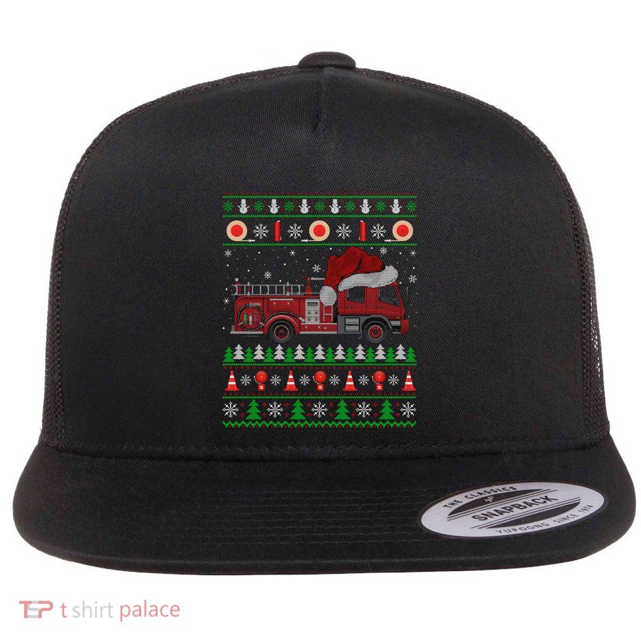 Ugly Sweater Style Fire Truck Fireman Firefighter Christmas Flatbill Hat