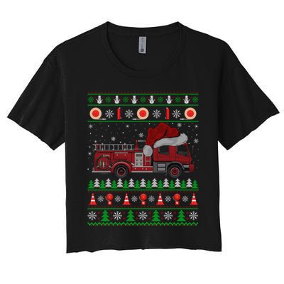 Ugly Sweater Style Fire Truck Fireman Firefighter Christmas Women's Crop Top Tee