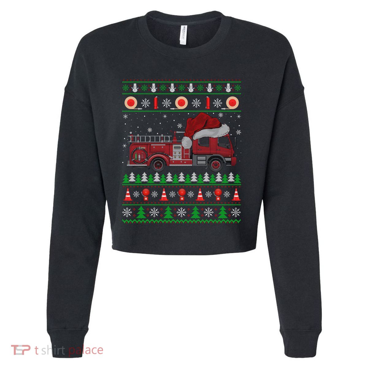 Ugly Sweater Style Fire Truck Fireman Firefighter Christmas Cropped Pullover Crew