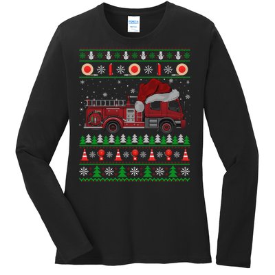 Ugly Sweater Style Fire Truck Fireman Firefighter Christmas Ladies Long Sleeve Shirt