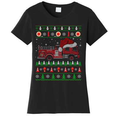 Ugly Sweater Style Fire Truck Fireman Firefighter Christmas Women's T-Shirt