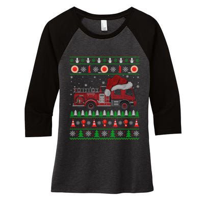 Ugly Sweater Style Fire Truck Fireman Firefighter Christmas Women's Tri-Blend 3/4-Sleeve Raglan Shirt