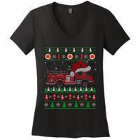 Ugly Sweater Style Fire Truck Fireman Firefighter Christmas Women's V-Neck T-Shirt