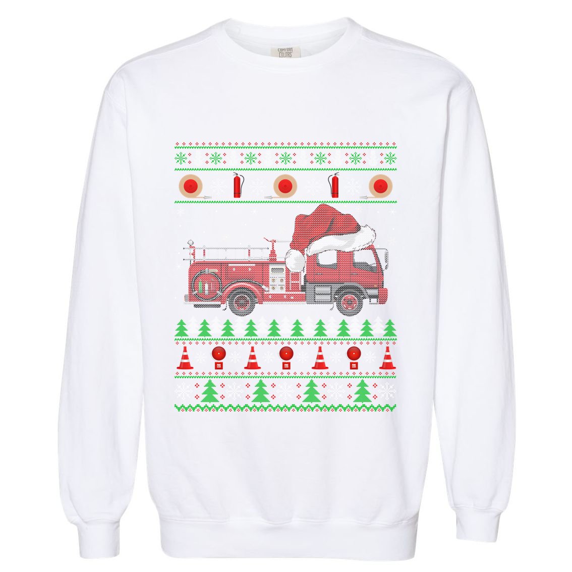 Ugly Sweater Style Fire Truck Fireman Firefighter Christmas Garment-Dyed Sweatshirt
