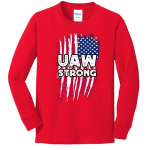 UAW Strong Solidarity UAW Laborer Worker UAW Proud Union America Flag Kids Long Sleeve Shirt