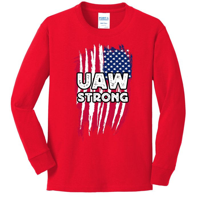 UAW Strong Solidarity UAW Laborer Worker UAW Proud Union America Flag Kids Long Sleeve Shirt