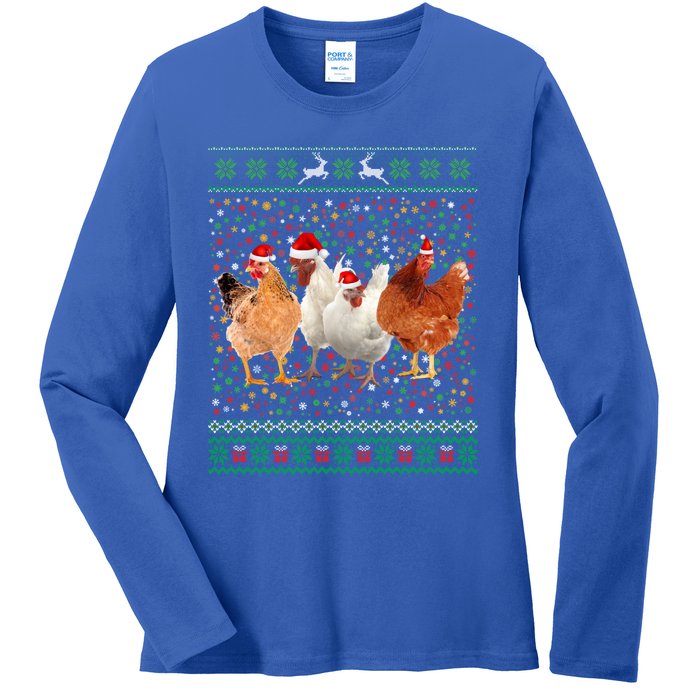 Ugly Sweater Santa Hat Christmas Chicken Lover Animal Hat Funny Gift Ladies Long Sleeve Shirt