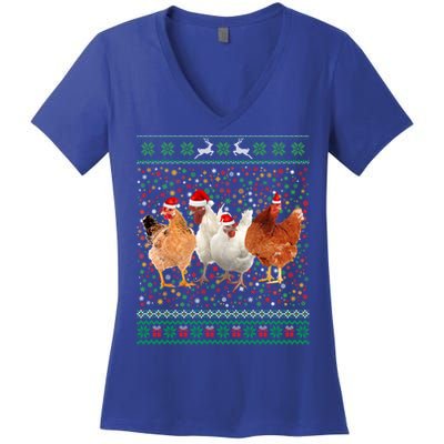 Ugly Sweater Santa Hat Christmas Chicken Lover Animal Hat Funny Gift Women's V-Neck T-Shirt