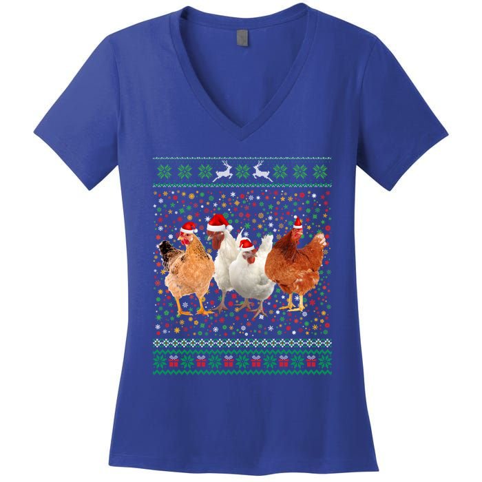 Ugly Sweater Santa Hat Christmas Chicken Lover Animal Hat Funny Gift Women's V-Neck T-Shirt