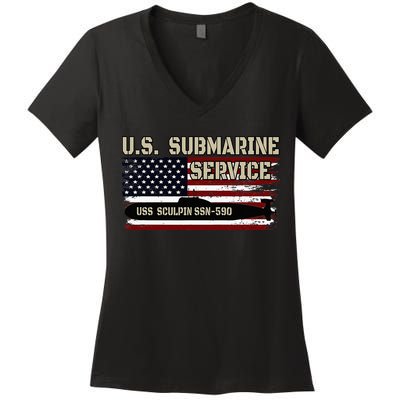 USS Sculpin SSN590 Submarine Veterans Day Father's Day Women's V-Neck T-Shirt
