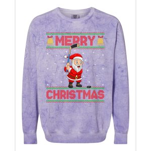 Ugly Sweater Style Santa Claus Playing Ice Hockey Christmas Gift Colorblast Crewneck Sweatshirt