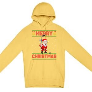 Ugly Sweater Style Santa Claus Playing Ice Hockey Christmas Gift Premium Pullover Hoodie