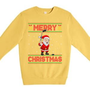 Ugly Sweater Style Santa Claus Playing Ice Hockey Christmas Gift Premium Crewneck Sweatshirt