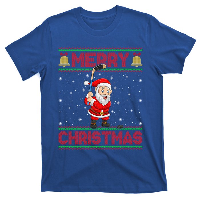 Ugly Sweater Style Santa Claus Playing Ice Hockey Christmas Gift T-Shirt