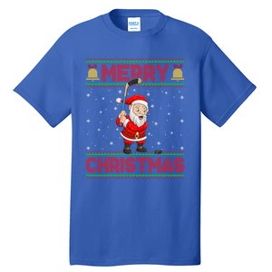 Ugly Sweater Style Santa Claus Playing Ice Hockey Christmas Gift Tall T-Shirt