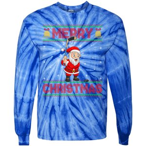 Ugly Sweater Style Santa Claus Playing Ice Hockey Christmas Gift Tie-Dye Long Sleeve Shirt