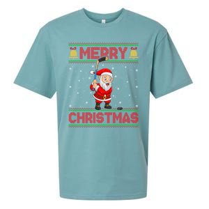 Ugly Sweater Style Santa Claus Playing Ice Hockey Christmas Gift Sueded Cloud Jersey T-Shirt