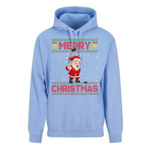 Ugly Sweater Style Santa Claus Playing Ice Hockey Christmas Gift Unisex Surf Hoodie