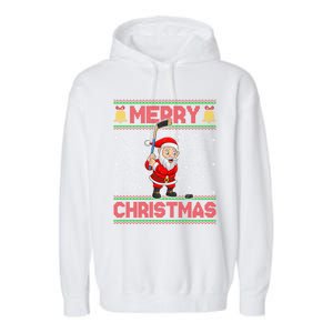 Ugly Sweater Style Santa Claus Playing Ice Hockey Christmas Gift Garment-Dyed Fleece Hoodie