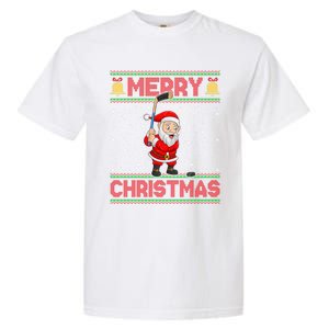 Ugly Sweater Style Santa Claus Playing Ice Hockey Christmas Gift Garment-Dyed Heavyweight T-Shirt