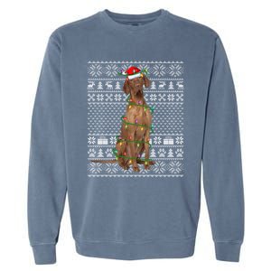 Ugly Sweater Style Xmas Lights Santa Vizsla Dog Christmas Gift Garment-Dyed Sweatshirt