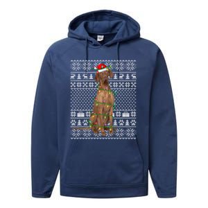 Ugly Sweater Style Xmas Lights Santa Vizsla Dog Christmas Gift Performance Fleece Hoodie