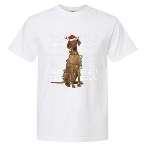 Ugly Sweater Style Xmas Lights Santa Vizsla Dog Christmas Gift Garment-Dyed Heavyweight T-Shirt