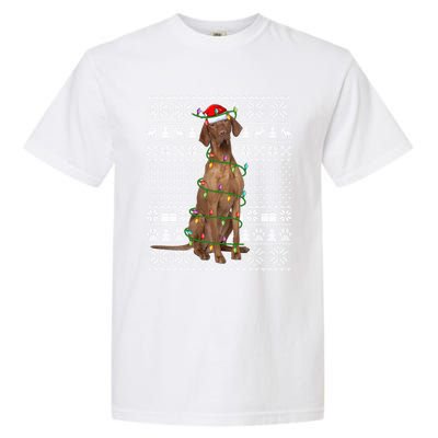 Ugly Sweater Style Xmas Lights Santa Vizsla Dog Christmas Gift Garment-Dyed Heavyweight T-Shirt