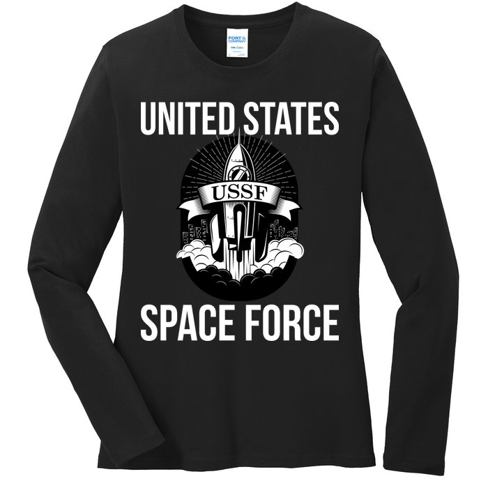 USSF United States Space Force Rocket Blast Ladies Long Sleeve Shirt